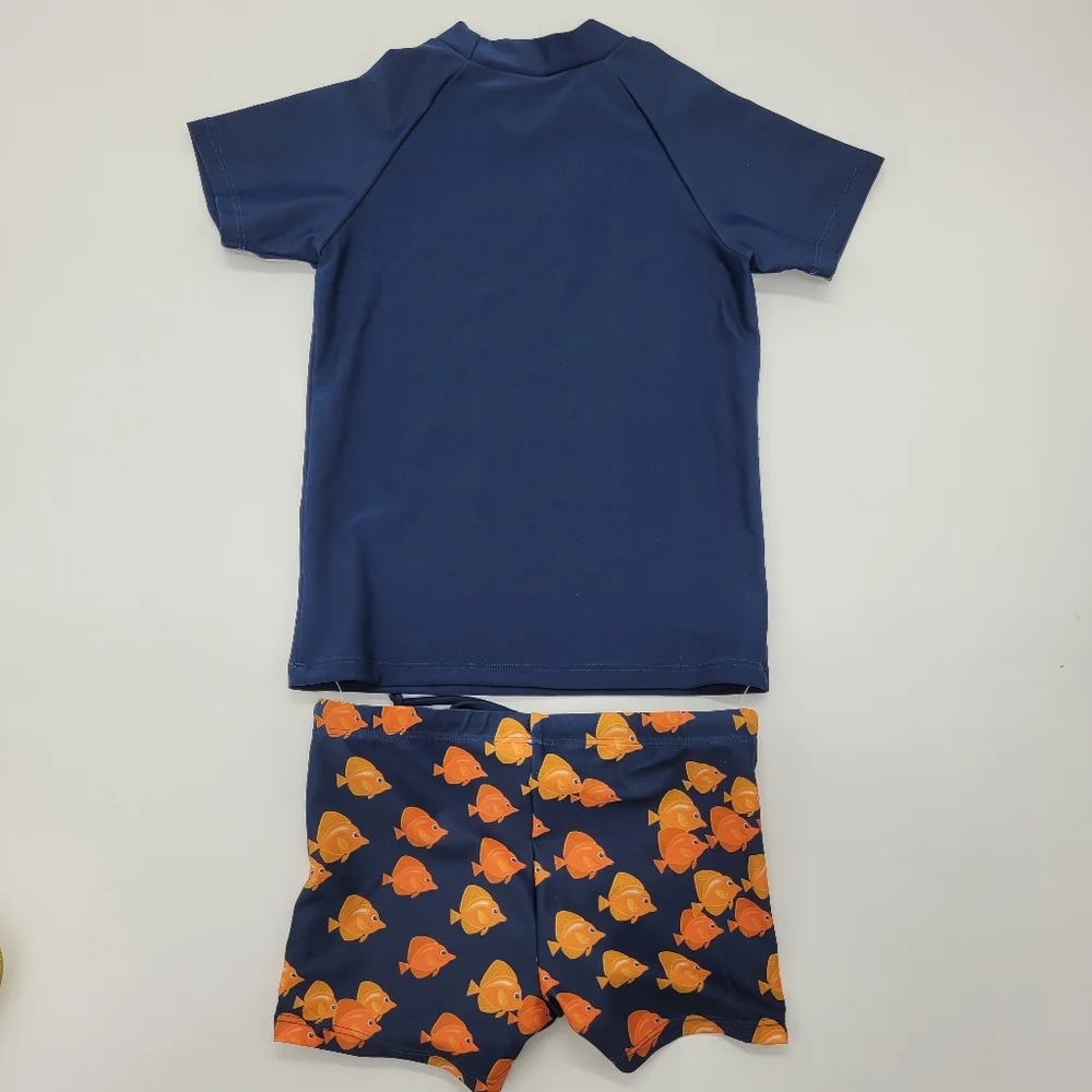 Gottex Kids Swin Set Navy Orange Fish Short Sleeve Shorts Boys Size 5 NEW